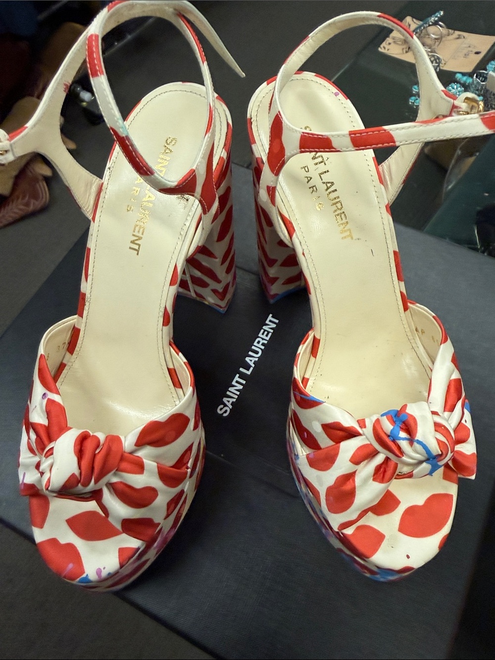Saint Laurent Red and White Knotted Platform Sandals